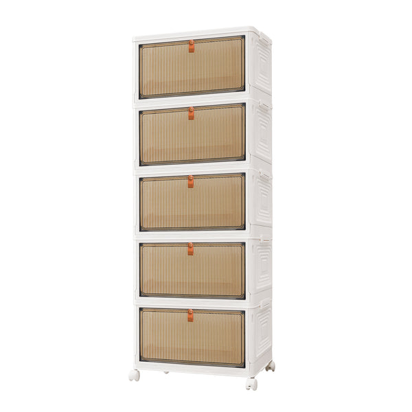 3 4 5 Tier Folding Storage Box, Plastic Collapsible Storage Box with Wheels, Stackable Storage Boxes with Lids and Front Opening Door Stackable Storage Boxes with Lids, 4 Wheels, Sturdy PP Matterial, Foldable Plastic Storage Unit for Toys/Office Supplies/