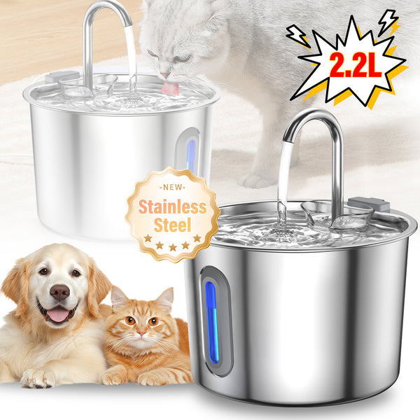 2.2L Cat Water Fountain for Drinking, Quiet Pet Water Dispenser Stainless Steel, Automatic Cat Water Bowl Cat Fountain with LED Light and Water Level Window, Cat Drinking Fountain with 2pcs Filters and Sponges
