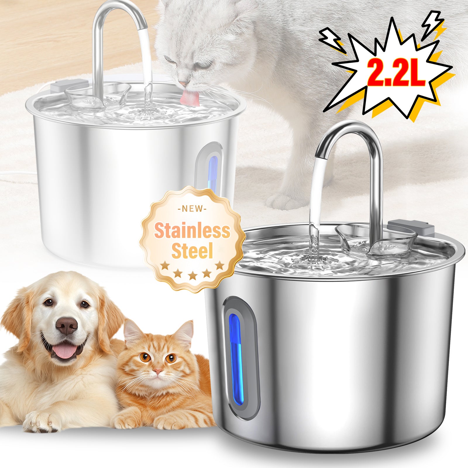2.2L Cat Water Fountain for Drinking, Quiet Pet Water Dispenser Stainless Steel, Automatic Cat Water Bowl Cat Fountain with LED Light and Water Level Window, Cat Drinking Fountain with 2pcs Filters and Sponges