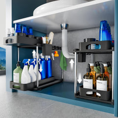 VERIFOST under Sink Organizer (2 Pack), 2 Tier under Sink Organizer, Adjustable Height Cabinet Organizer and Storage, in Blue
