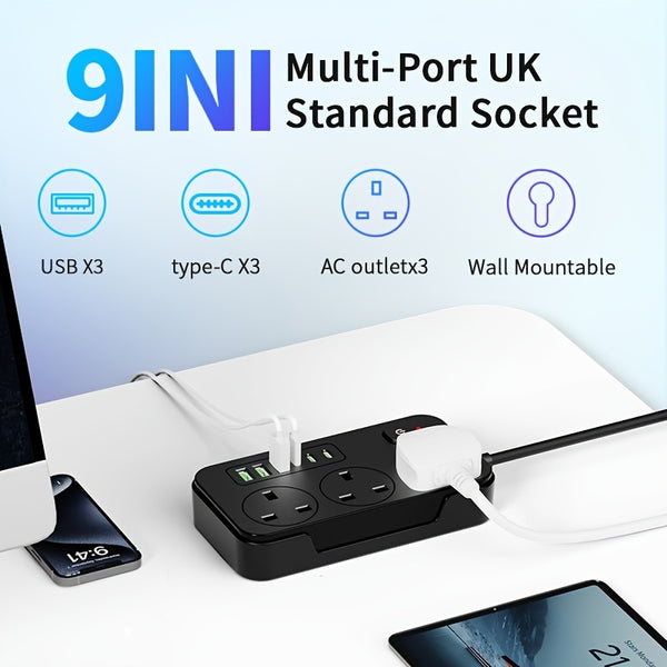 3-outlet Power Strip/ Power Socket/ Extension Cord with 3 USB-A And 3 USB-C Ports, Compatible with 220V-240V, 1.8m Cable, UK Plug, Suitable for Home, Kitchen, Outdoor, Hotel, Office, Cruise Vacation.