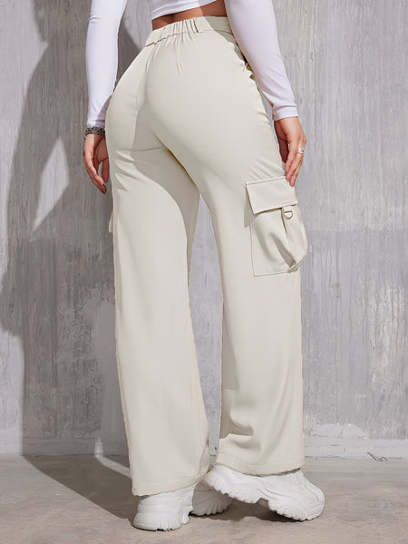 Flap Pocket Solid Color Cargo Pants, Y2K Slant Pocket Button Front Every Day Pants, Women's Clothing