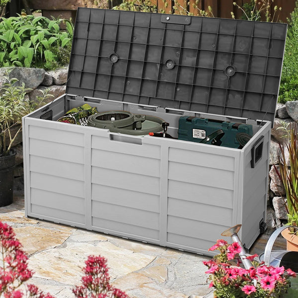 290L Lockable Waterproof Storage Box – Heavy-Duty Outdoor Deck Chest with Wheels Garden & Patio Recycling Bin Organizer for Tools, Cushions (112*49*54cm)