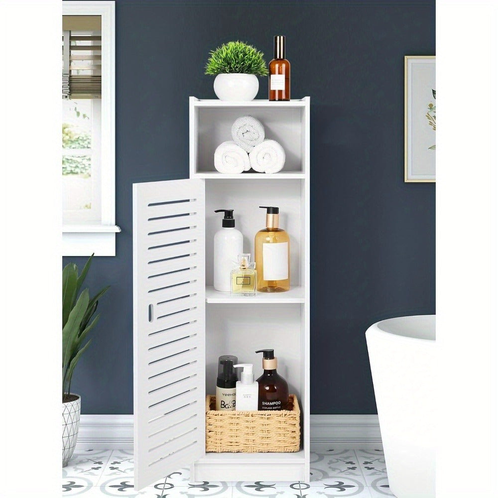 Bathroom Storage Cabinet | White Wood-Plastic Freestanding Organizer | 3-Tier with Slatted Doors & Open Shelf | Space-Saving Design for Bathroom, Kitchen, Bedroom | Modern Minimalist Style, Versatile Cabinet | Slatted Door Design | Woodplastic Material, B