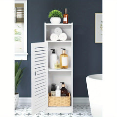 Bathroom Storage Cabinet | White Wood-Plastic Freestanding Organizer | 3-Tier with Slatted Doors & Open Shelf | Space-Saving Design for Bathroom, Kitchen, Bedroom | Modern Minimalist Style, Versatile Cabinet | Slatted Door Design | Woodplastic Material, B