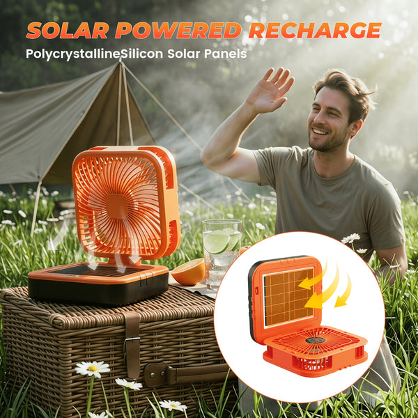 Portable Solar Camping Fan with LED Light, Rechargeable Outdoor Tent Fan, 4 Wind Speeds, Adjustable Brightness, Oscillating Fan with USB Power Bank Function, Type-C Charging