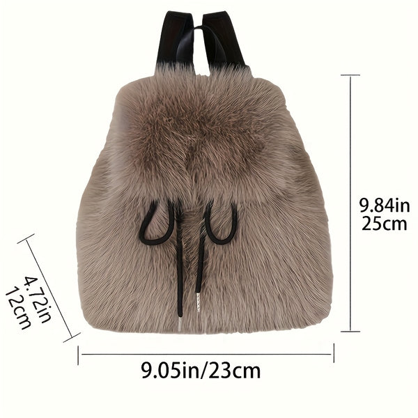 1pc Women's Plush Faux Fur Backpack - Soft Mini Daypack with Adjustable Drawstring Closure & Strap, Golden-Tone-like Black Tip (No-Washable) - Elegant White/Black Mini Bag for,, Travel - Faux-Fur Coat-Like Texture Purse, Bags For Women, Small Backpack For