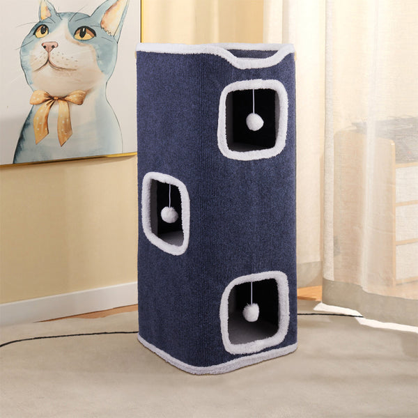 Large Cat Bed Cat House Cave & Tower Foldable Indoor 1/2/3 Layer with Hanging Toy Ball for Small Medium Pets, Large Cats Cube Bed Cave with Hideaway Condos