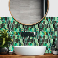 WALPLUS 6pcs 3D Tile Stickers Peel and Stick Backsplash Splashback Decals Tile Transfer for Kitchen Bathroom Living Room Stick on Tile Green Hexagon Honeycomb