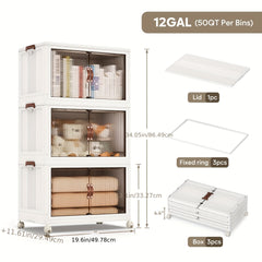 2/3/4/5-Pack White Plastic Storage Bins with Lids - Heavy-Duty Stackable Collapsible Storage Containers with Magnetic Closure & Smooth-Rolling Wheels, Large Rectangular Organizer Drawers for Home, Office, Garage, Pantry, Closet - Space-Saving Durabl