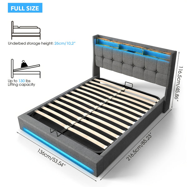 Upholstered Ottoman Bed/ 4 Drawer Storage Bed, 4ft6 Double Bed Frame with Storage & LED & USB, Gas Lift Up Storage Bed Hydraulic Upholstered Bed with Storage Headboard&Slats, Linen, No Mattress, Grey (Optional Purchase Of Mattress)