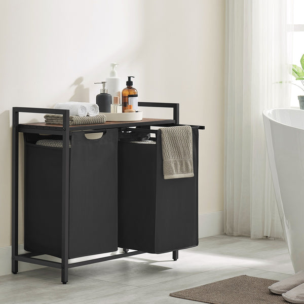 Dirty Laundry Basket, 2 Compartments, Bin, with 2 Removable Oxford Cloth Bags, Metal Frame, 2 X 46 Litres, 73 X 33 X 72cm, Laundry Baskets