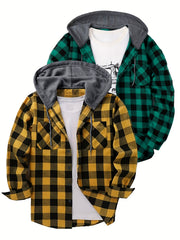 2pcs Men's New York Fashion Trendy Plaid Shirt Hoodie, Plaid Pullover Sweatshirt Flannel Hoodie