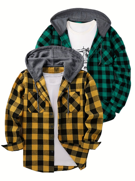 2pcs Men's New York Fashion Trendy Plaid Shirt Hoodie, Plaid Pullover Sweatshirt Flannel Hoodie