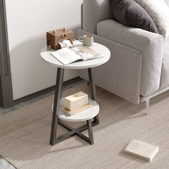 Marble Effect Round Small Coffee Tea Table 2 Tier White Grey Sofa Side Tables Living Room Bedroom Corner Plant Pot Stand Flower Pot Holder Display Shelf Metal Base
