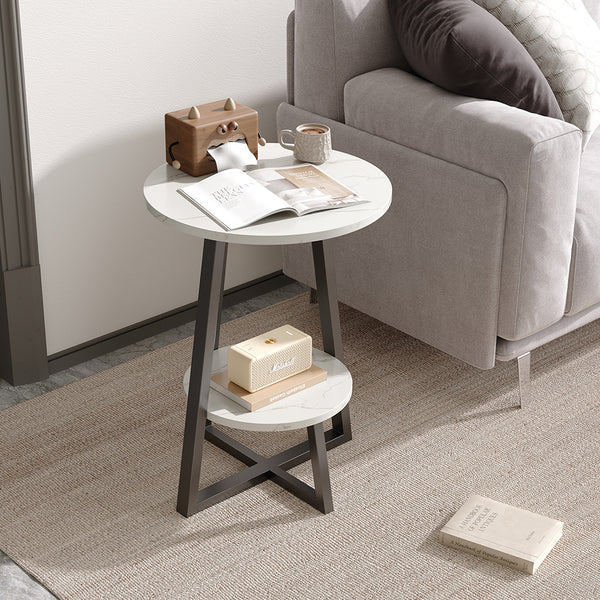 Marble Effect Round Small Coffee Tea Table 2 Tier White Grey Sofa Side Tables Living Room Bedroom Corner Plant Pot Stand Flower Pot Holder Display Shelf Metal Base