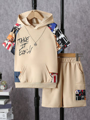 Boys' Summer Casual Trendy Letter Print Hooded Short Sleeve Top + Elastic Waist Loose Fit Sports Shorts Two-Piece Set, Perfect for Outdoor