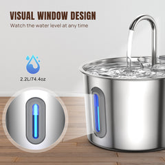 2.2L Cat Water Fountain for Drinking, Quiet Pet Water Dispenser Stainless Steel, Automatic Cat Water Bowl Cat Fountain with LED Light and Water Level Window, Cat Drinking Fountain with 2pcs Filters and Sponges