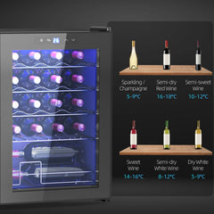 Freestanding Wine Cooler Fridge, 20 Bottle, 53 Litre Capacity, 43cm Quiet Under Counter Compressor Drinks Beer Wine Fridge with Glass Door, LED Light, Digital Touch Screen, Temperature Control