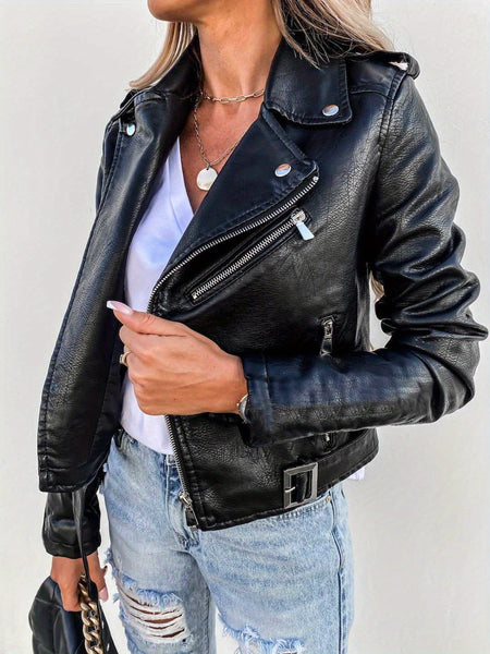2025 New Cool Biker Style Women's Short Zip Faux PU Leather Jacket - Spring Autumn Sizes S-XL