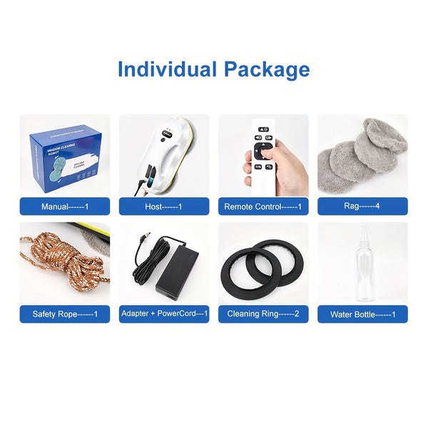 PuRuiKai09 2026 Latest Window Cleaning Robot (Plug-in): Fully automatic remote control operation, with automatic water spraying function and 4.5-meter anti-fall safety rope, set includes 10 cleaning cloths and a water spray bottle (local warehouse