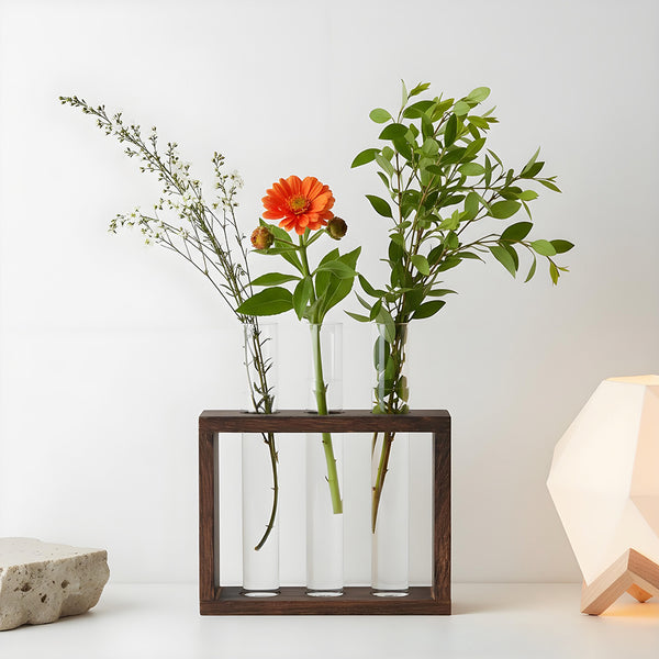 Multi-Tube Plant Propagation Station with Wooden Stand & Metal Swivel Holder, Desktop Retro Plant Terrarium Bulb Vase for Indoor Hydroponic Flowers, Tabletop Glass Planter Housewarming Gifts for Plant Lovers, 28x13.8cm (3 Tubes)