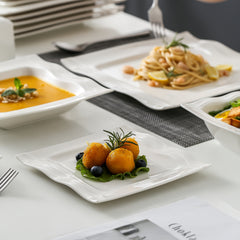 Set of 28 White Porcelain Square Dinnerware, Includes Plates And Bowls for 6 People
