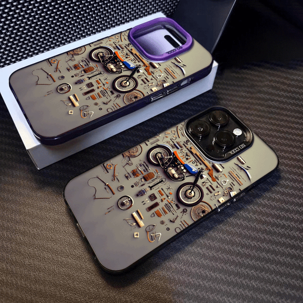 Phone Case - A Colorful Silver Phone Case Featuring a Retro Motorcycle Parts Disassembled Art Design, Compatible with Various for Iphone Including for Iphone 17 Pro Max, 16, 15, 14, 13, 12, And 11 Series, Designed to Be Stylish And Anti-Fall