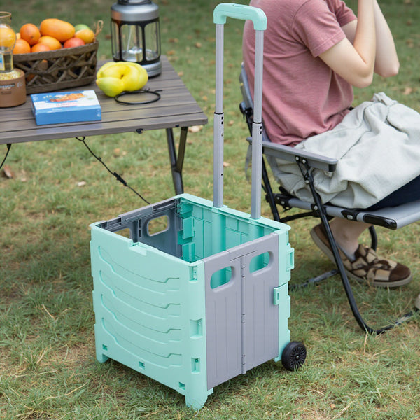Grey/ Green Foldable Office Trolley, Portable Folding Shopping Trolley, Two-wheel Large-capacity Storage Box, Portable Pushable Shopping Cart Storage Box, Adjustable Railings