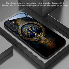 Phone Case - Blue Golden Tree of Life Pattern New Black Phone Case Tempered Glass for Iphone 17 Air/ 16/ 15/ 14/ 13/ 12/ 11/ Plus/ Pro/ Pro Max And Galaxy S, A Series/ S22/ S23/ S24 FE/ S25/ S26 ULTRA PLUS. It Is The First Choice of Gift for Family