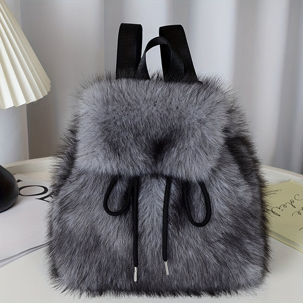 1pc Women's Plush Faux Fur Backpack - Soft Mini Daypack with Adjustable Drawstring Closure & Strap, Golden-Tone-like Black Tip (No-Washable) - Elegant White/Black Mini Bag for,, Travel - Faux-Fur Coat-Like Texture Purse, Bags For Women, Small Backpack For