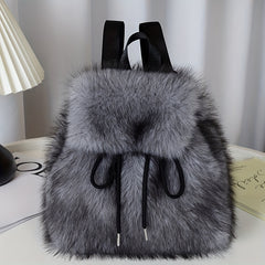 1pc Women's Plush Faux Fur Backpack - Soft Mini Daypack with Adjustable Drawstring Closure & Strap, Golden-Tone-like Black Tip (No-Washable) - Elegant White/Black Mini Bag for,, Travel - Faux-Fur Coat-Like Texture Purse, Bags For Women, Small Backpack For