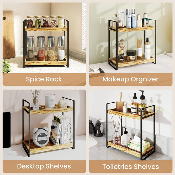 2 Tier Spice Racks Wood & Metal Organiser - Multipurpose Storage Shelf for Coffee Station, Bathroom Vanity, Kitchen Countertop (34x33x17cm) - Rustic British Home Decor