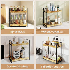 2 Tier Spice Racks Wood & Metal Organiser - Multipurpose Storage Shelf for Coffee Station, Bathroom Vanity, Kitchen Countertop (34x33x17cm) - Rustic British Home Decor