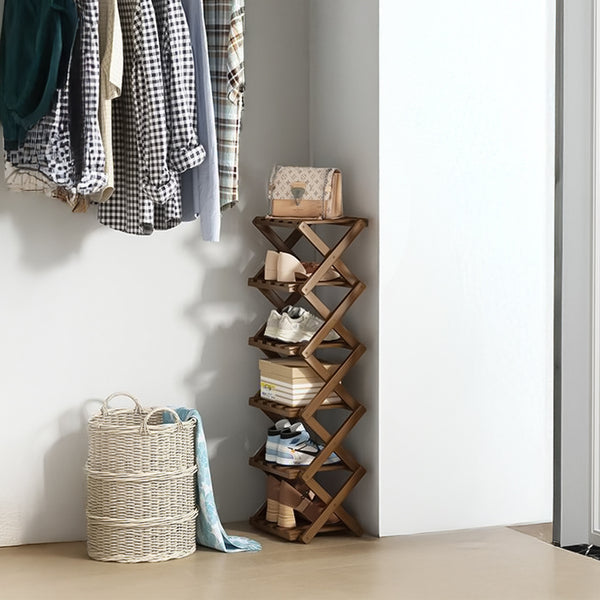 4/5/6/7 Tiers Bamboo Wooden Shoe Rack, Vertical Shoe Racks Storage Shelves Tall Shoe Tower, Collapsible Narrow Shoe Stand, Installation Free Folding X-Shape Shoe Racks Sneakers Slippers Holder Organizer, Multi Functional Shoe Rack Durable Footwear Cabinet
