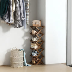 4/5/6/7 Tiers Bamboo Wooden Shoe Rack, Vertical Shoe Racks Storage Shelves Tall Shoe Tower, Collapsible Narrow Shoe Stand, Installation Free Folding X-Shape Shoe Racks Sneakers Slippers Holder Organizer, Multi Functional Shoe Rack Durable Footwear Cabinet