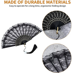 Black Lace Folding Fan, Handheld Fan with Pendant Tassel, Black Retro Lace Handheld Fan for Women'S Birthday Party Dancing Cosplay