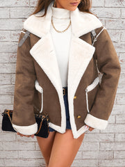 Women's Elegant Lapel Collar Plush Jacket with White Fur-Like Trim - Winter Warm Coat, Structured Fit Front Button Closure, Hand Washable Outerwear for Daily Travel & Holiday Outfits (Solid Color, Autumn/Winter) - Versatile Casual to Semi-Formal Wear