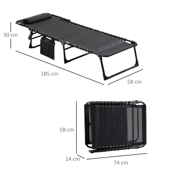 Portable Sun Lounger, Folding Camping Bed with Side Pocket and Pillow for Patio