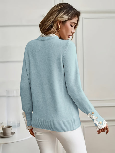 Ladies' Pullover with Lace Trim at The Cuffs And Neckline, a Casual And Elegant Sweater Top