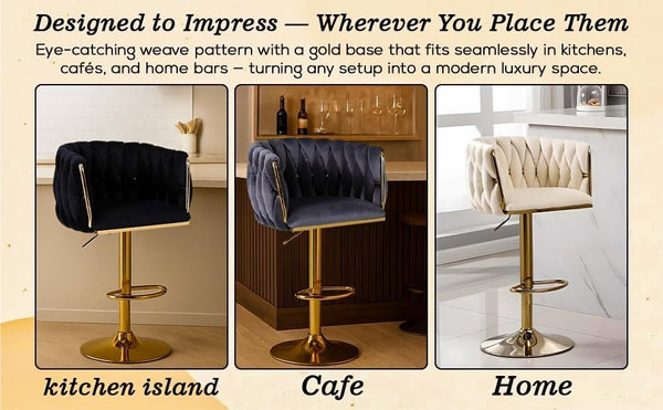 Set of 2 x Velvet Woven Upholstered Adjustable High Swivel Breakfast Bar Pub Home Stool Chair With Gold Metal base & Gas Lift (Cream/Gold)