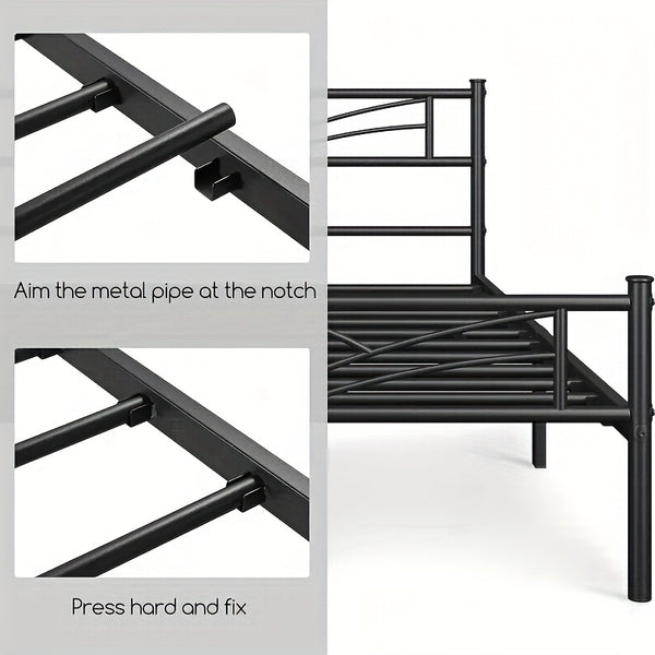 Sleek Black Metal Bed Frame Featuring a Stylish Headboard | Durable Steel Build | Silent Operation | Accommodates Various Mattress Sizes | Perfect for Bedrooms, Dormitories, Or Rental Spaces