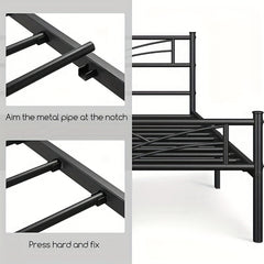 Sleek Black Metal Bed Frame Featuring a Stylish Headboard | Durable Steel Build | Silent Operation | Accommodates Various Mattress Sizes | Perfect for Bedrooms, Dormitories, Or Rental Spaces