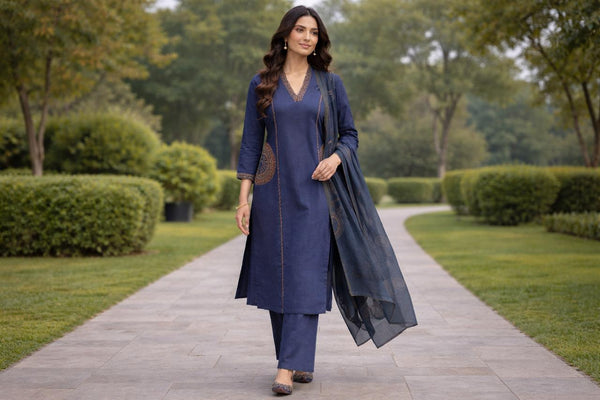 TeamWear* Womens Cotton Embroidered Neck and Dual Pockets Kurta Set with Palazzo and Contrast Dupatta