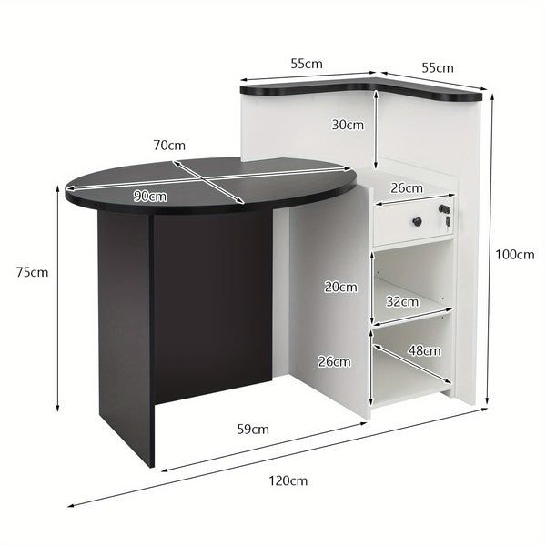 COSTWAY Modern Black Reception Desk with Lockable Drawer & Adjustable Shelf - Heavy-Duty Engineered Wood & MDF Construction, Spacious Oval Desktop (89.92cm x 69.85cm), 2-Tier Open Shelves & 3-Position Adjustable Shelving for Office, Reception  or Home - E