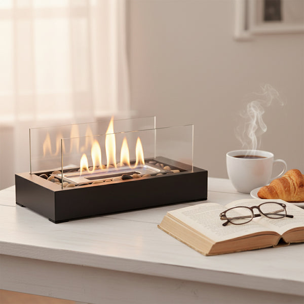 Rectangular Two-pane Glass Fireplace | Black Multi-functional Desktop Warm Stove, Contemporary Style, Metal, No Lighter Device, Suitable for Desktop or Small Space Usage