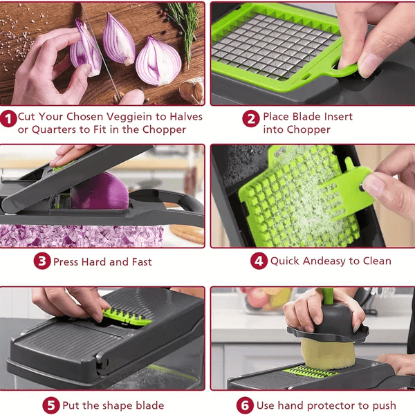 A Multifunctional 16-In-1 Food Chopper, Including a Vegetable Chopper, Onion Chopper, Vegetable Slicer, Dicer, And More, Equipped with 8 Blades, a Strainer Basket, And Containers for Salad, Potatoes, Carrots, And Garlic, Along with a Drainage Basket
