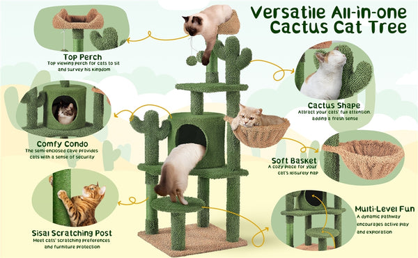Costoffs Cat Tree, 135cm Height Cat Cactus Tree, Condo Kitten Tree Tower, Cat Furniture with Natural Sisal, Cat Tower with Padded Perch, Platform, Condo, Scratching Posts & Hanging Ball, Cat Furniture for Kittens, Green/Brown