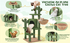 Costoffs Cat Tree, 135cm Height Cat Cactus Tree, Condo Kitten Tree Tower, Cat Furniture with Natural Sisal, Cat Tower with Padded Perch, Platform, Condo, Scratching Posts & Hanging Ball, Cat Furniture for Kittens, Green/Brown