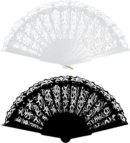 Black Lace Spanish Fan for Women, One Size, Foldable Lace Fan, Hand Held Fan for Wedding Party, Fancy Dress Costume Accessory